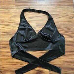 Originality Black Satin Halter Tie/Back Crop Top